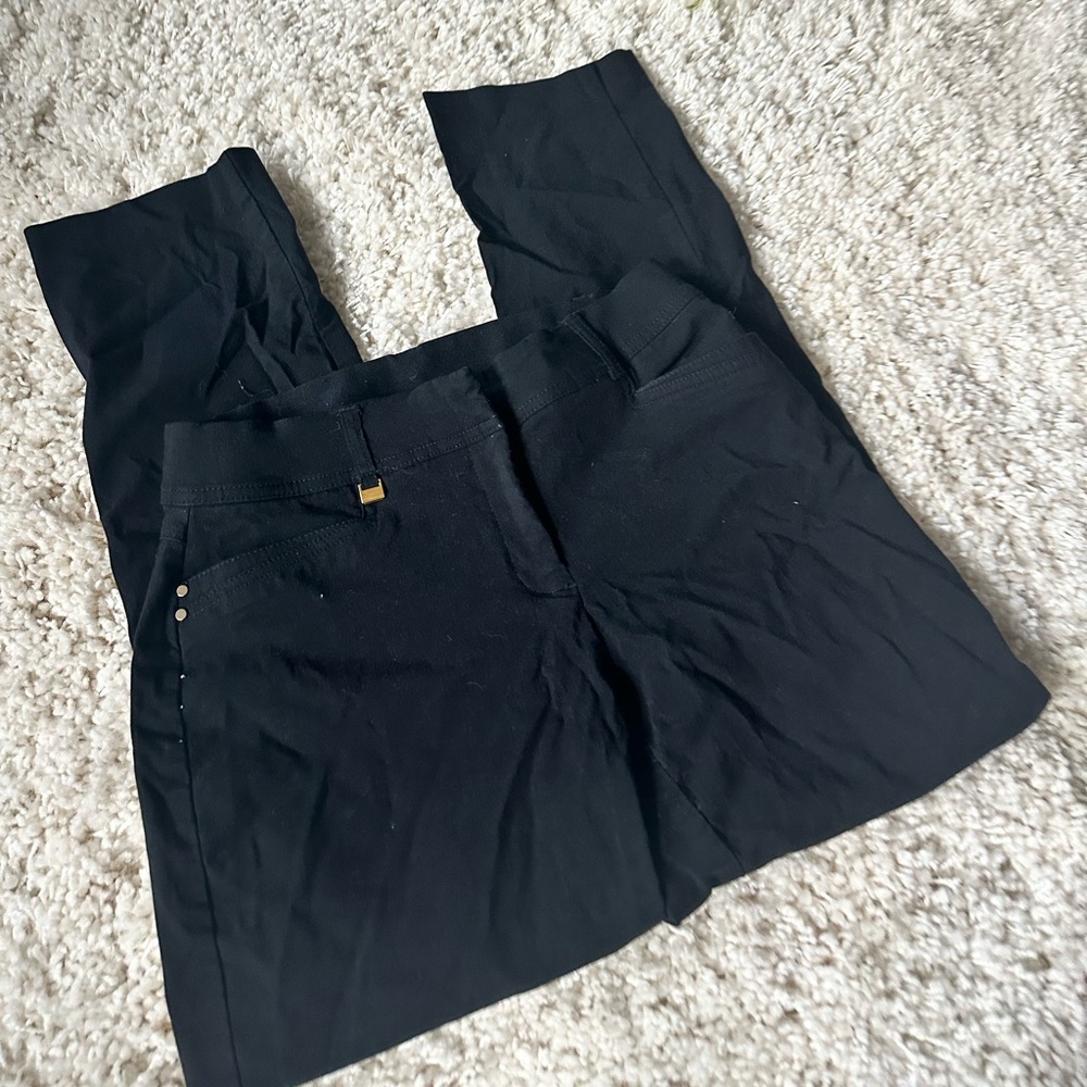Cute black casual straight leg comfortable gold accented sleek dress pan…